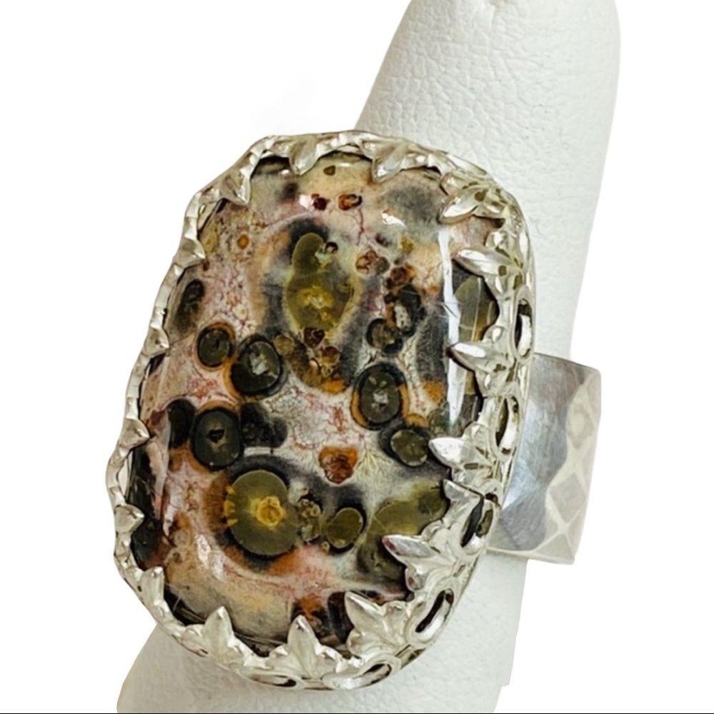 Natural Ocean Jasper Wide Diamond Band Sterling Silver Statement Ring - NEW